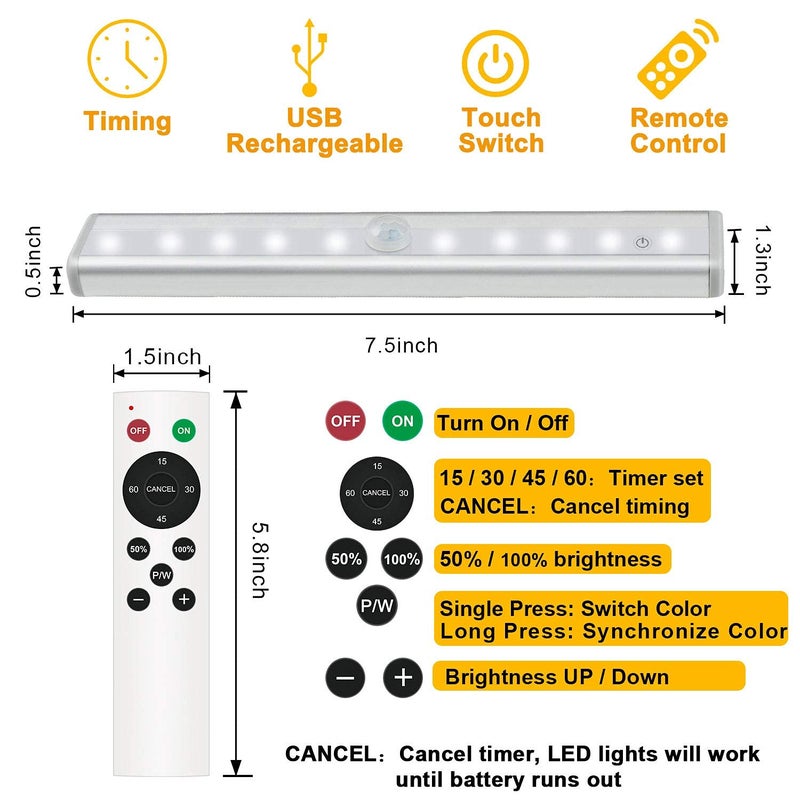Diomart Remote Control Under Cabinet Lighting Wireless 6 Pack, 20-LED Dimmable Closet Lights Rechargeable Under Counter Light, Stick on Touch Night Light Strip Bar for Kitchen Stairway Bedroom, 3 Colors - Image 4